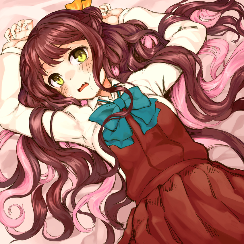 arms_up blue_bow blue_eyes blush bow brown_hair commentary_request fang from_above hair_bow hair_spread_out hatomugi_seika highres kantai_collection long_hair looking_at_viewer lying multicolored_hair naganami_(kantai_collection) on_back on_bed pink_hair skirt solo two-tone_hair very_long_hair vest wavy_hair yellow_bow yellow_eyes