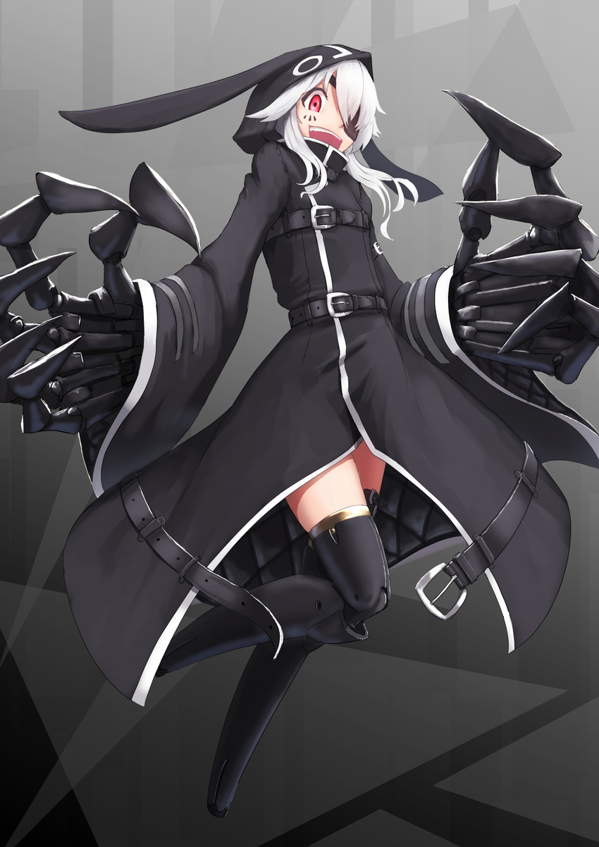 animal_ears bunny_ears claws cyborg eyepatch highres hood hooded_jacket jacket large_hands long_coat long_hair looking_at_viewer namako_(namacotan) open_mouth original prosthesis prosthetic_arm prosthetic_leg red_eyes trench_coat white_hair