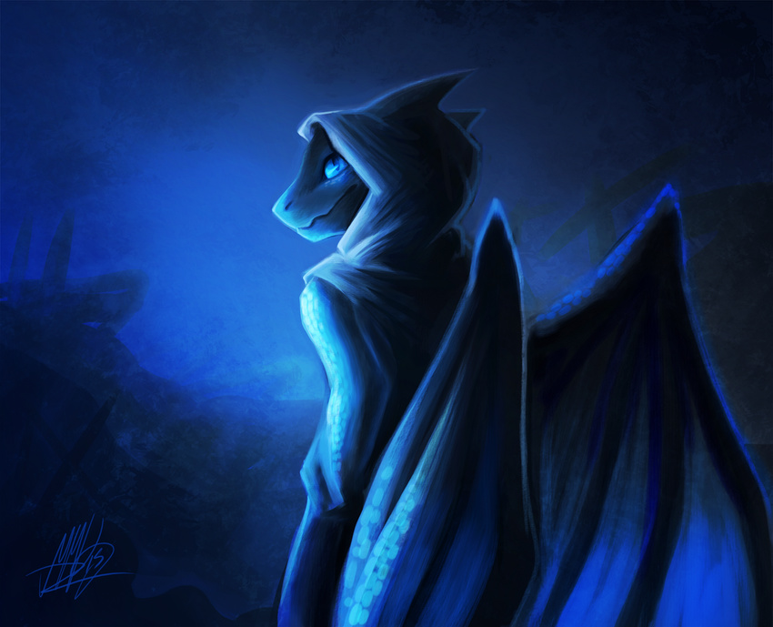 2015 anthro blue_eyes dragon membranous_wings neotheta smile solo wings