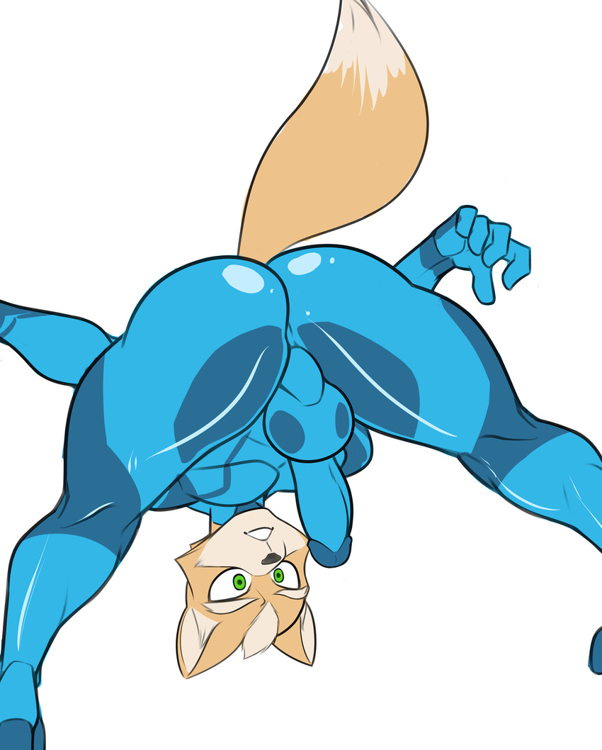 anthro balls bent_over bulge butt canine erection fox fox_mccloud green_eyes hi_res humanoid_penis looking_back male mammal metroid nintendo penis penis_outline rokiloki simple_background solo star_fox video_games white_background zero_suit zero_suit_fox