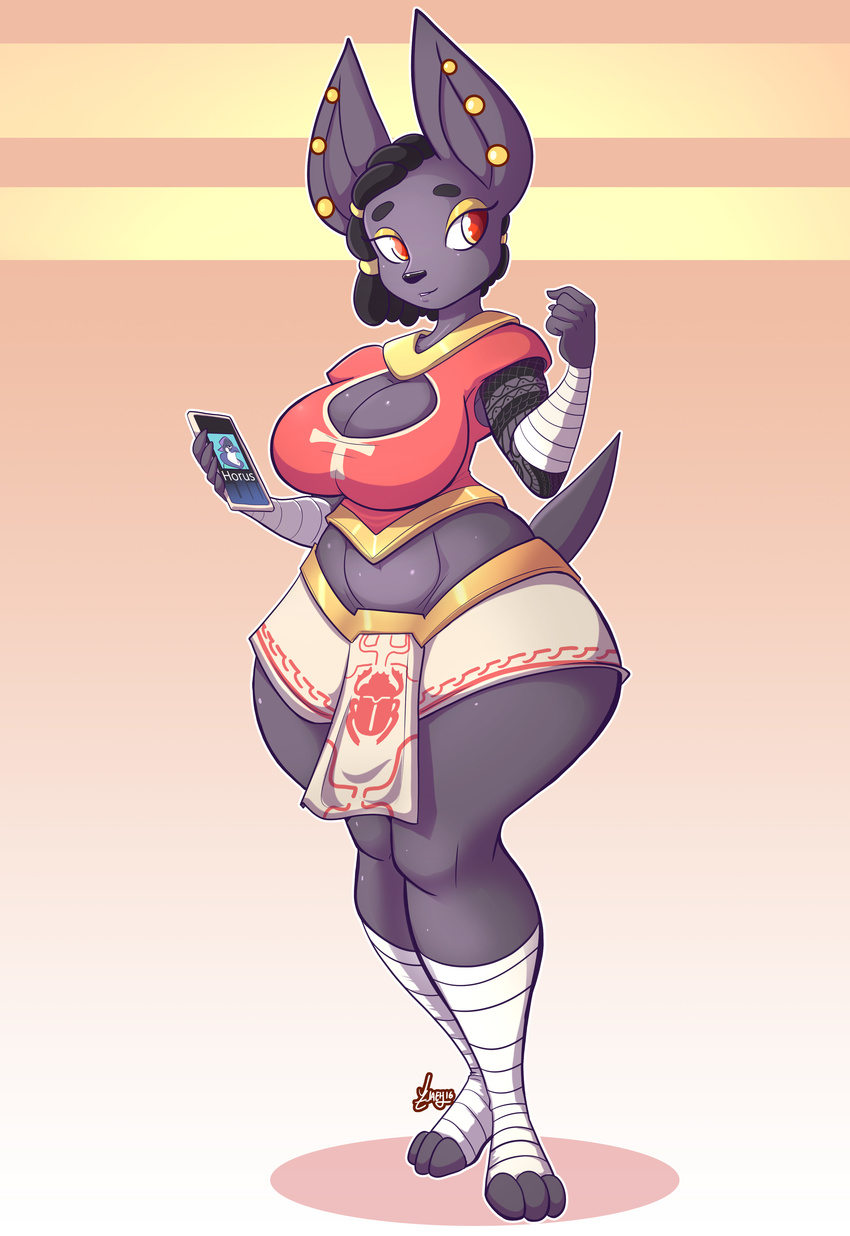 2016 absurd_res anthro anubee anubian_jackal arm_wraps big_breasts black_hair black_nose breasts canine cellphone cleavage clothed clothing digital_media_(artwork) ear_piercing female hair hi_res holding_object horus jackal jaeh leg_wraps mammal midriff navel phone piercing red_eyes short_hair smile solo thick_thighs voluptuous wide_hips wraps