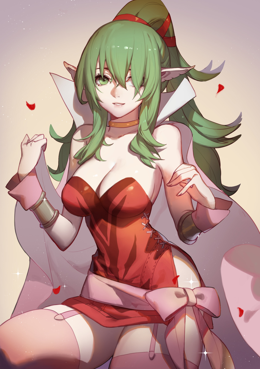 absurdres bare_shoulders blush bracelet breasts cape chiki choker cleavage dress fire_emblem fire_emblem:_kakusei fire_emblem:_monshou_no_nazo garter_straps gloves green_eyes green_hair hair_ornament hair_over_one_eye hair_ribbon highres jewelry large_breasts long_hair looking_at_viewer mamkute older paid_reward parted_lips patreon_reward pink_legwear pointy_ears ponytail red_dress ribbon short_dress side_slit sidelocks smile solo songjikyo sparkle strapless strapless_dress thighhighs