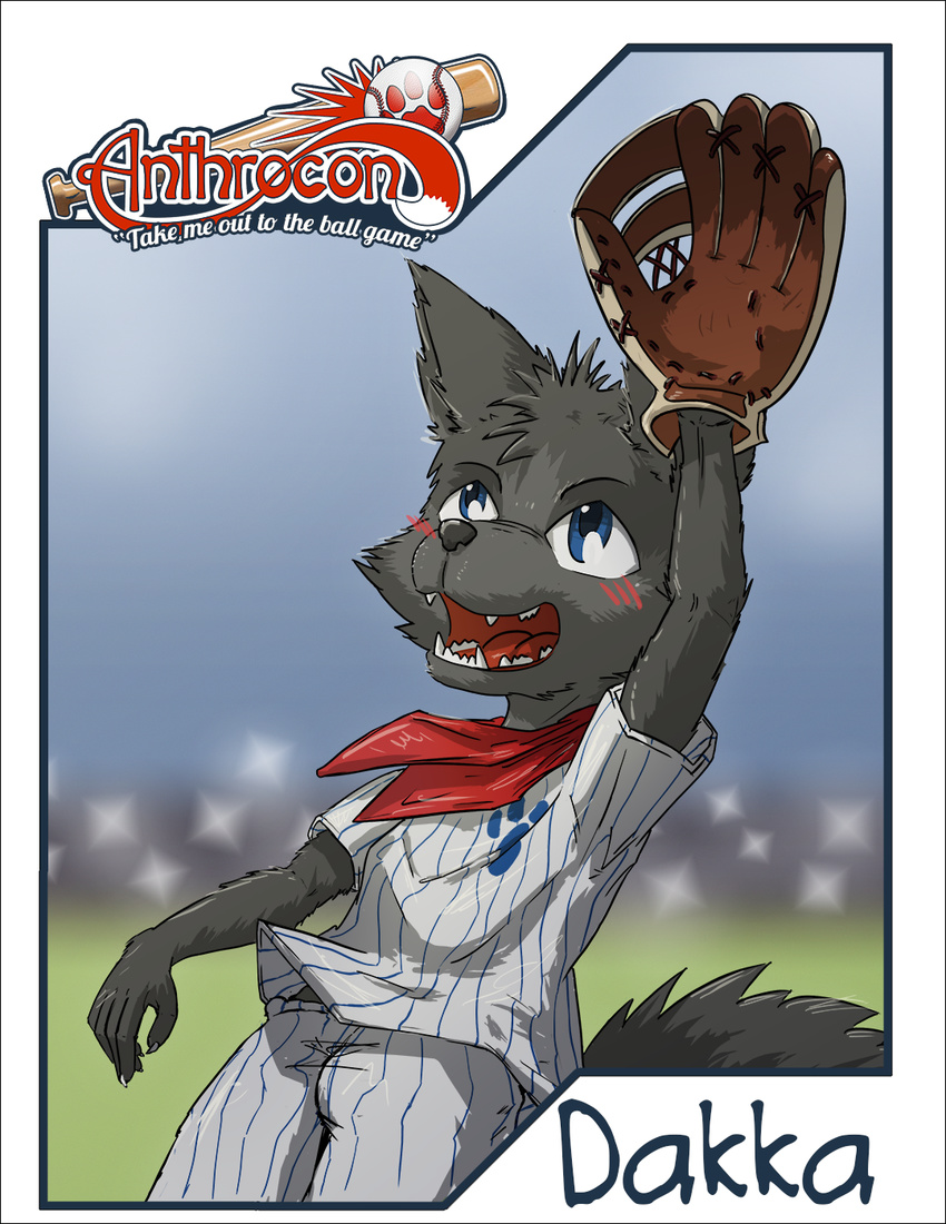 anthro anthrocon bandanna baseball_(disambiguation) baseball_glove black_fur blue_eyes blush canine clothing cub dakka dakkawolf fangs fur male mammal name_badge open_mouth pants shirt smile solo wolf young