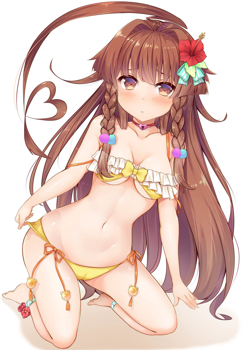 ahoge barefoot bikini braid breasts brown_eyes brown_hair choker eyebrows_visible_through_hair flower frilled_bikini_top frills hair_flower hair_ornament heart_ahoge heart_lock_(kantai_collection) hibiscus highres huge_ahoge kantai_collection kneeling ko_yu kuma_(kantai_collection) long_hair looking_at_viewer navel pout side-tie_bikini simple_background small_breasts solo swimsuit twin_braids underboob white_background yellow_bikini