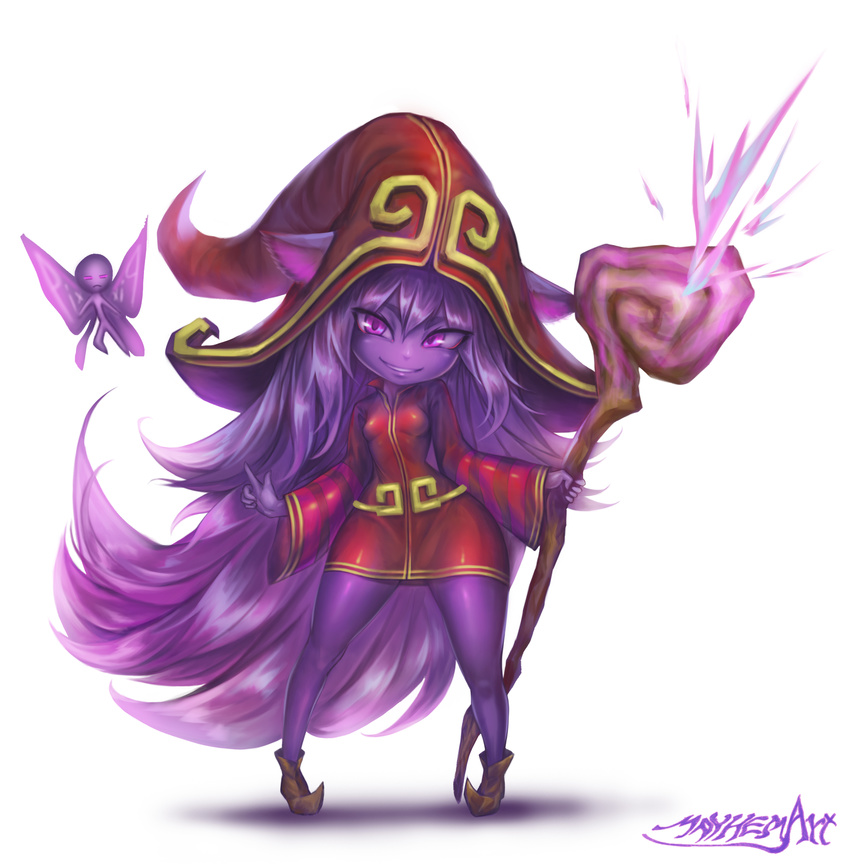 1girl animal_ears artist_name bare_legs breasts curvy dress fairy familiar full_body highres holding league_of_legends long_hair looking_at_viewer lulu_(league_of_legends) matching_hair/eyes mayhem messy_hair pix pointy_ears pointy_hair purple_eyes purple_hair purple_skin robe simple_background small_breasts smile staff standing very_long_hair white_background witch_hat wizard_hat yordle