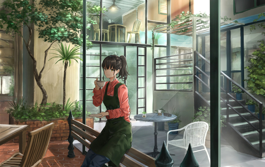 apron bangs black_hair blush cafe chair coffee cup dress_shirt green_apron highres holding holding_cup holding_plate long_sleeves looking_at_viewer on_railing original outdoors pink_shirt plant plate potted_plant railing saucer shirt short_hair short_ponytail sitting smile solo stairs sugi87 table teacup tile_floor tiles tree trellis wicker_furniture window yellow_eyes