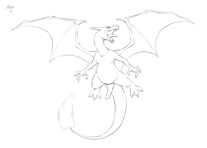 2016 3_toes black_and_white charizard claws dragon erection feral fire flaming_tail hi_res line_art looking_at_viewer male membranous_wings monochrome nawka nintendo nude open_mouth paws penis pok&eacute;mon simple_background solo teeth toes tongue video_games white_background wings