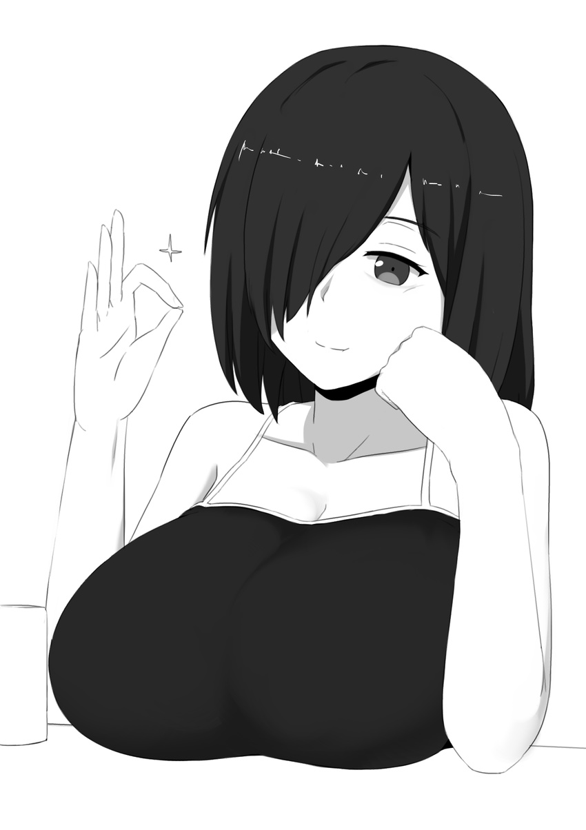 breast_rest breasts cleavage greyscale hair_over_one_eye highres huge_breasts long_hair monochrome nao_(ritsancrossover) ok_sign original pai-chan_(nao) simple_background solo white_background