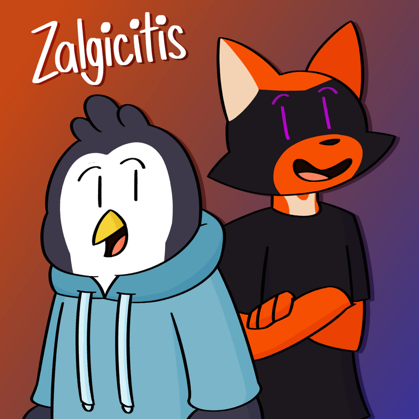 2017 anthro avian bird clothed clothing crossed_arms hoodie jailvian male mammal open_mouth pengicitis penguin raccoon shirt simple_background slightly_chubby slim smile standing zalgaloo