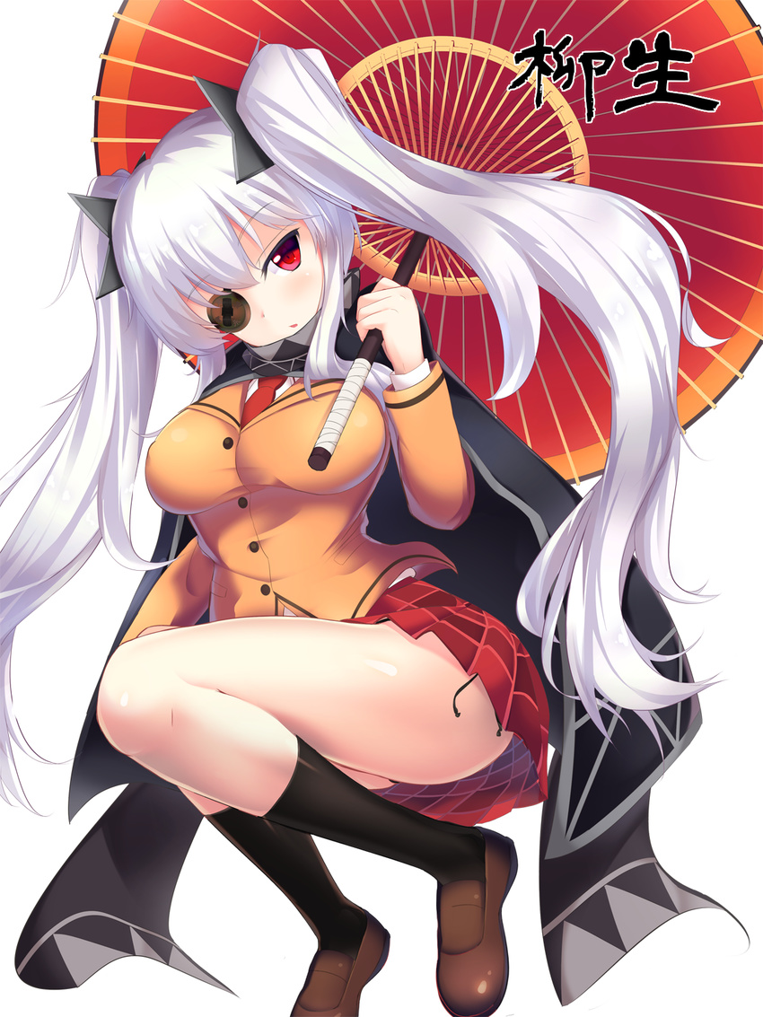 bow breasts commentary_request eila_yagyu eyepatch hair_bow hair_ornament highres large_breasts long_hair looking_at_viewer parasol red_eyes senran_kagura senran_kagura_shoujo-tachi_no_shin'ei skirt solo thighs twintails umbrella white_hair yagyuu_(senran_kagura)