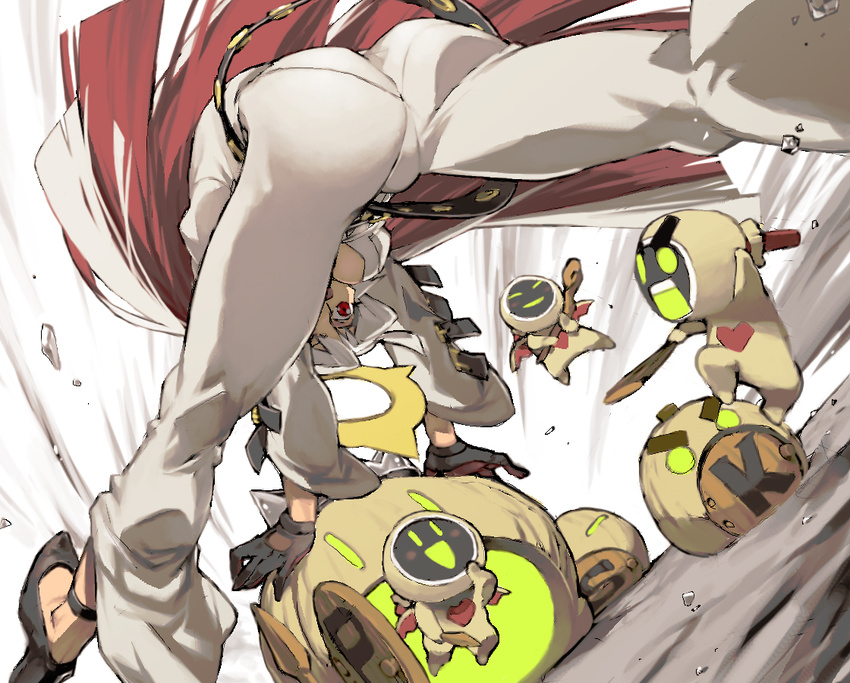 1girl :d :o ahoge ass bangs belt bent_over black_footwear black_gloves blurry blush blush_stickers bodysuit breasts buckle center_opening closed_eyes debris depth_of_field dutch_angle familiar from_behind from_below furrowed_eyebrows gloves glowing glowing_eyes glowing_mouth guilty_gear guilty_gear_xrd half-closed_eyes halo hand_on_own_chin happy heart high_heels holding holding_staff holding_sword holding_weapon jack-o'_valentine kneepits knight_servant lancer_servant legs_apart long_hair looking_at_viewer looking_back looking_through_legs loose_belt magician_servant medium_breasts multicolored_hair open_mouth pantylines red_eyes red_hair shoes size_difference smile staff straight_hair strappy_heels studded_belt sword two-tone_hair unzipped v-shaped_eyebrows very_long_hair weapon white_bodysuit white_hair wings ysk!