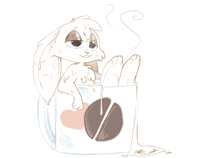 2017 anthro beverage big_ears briskby buckteeth cheek_tuft chest_tuft coffee cup goo_creature half-closed_eyes hazey_(gethazey) head_tuft in_cup lagomorph male mammal nude partially_colored rabbit simple_background solo steam teeth tuft wet white_background