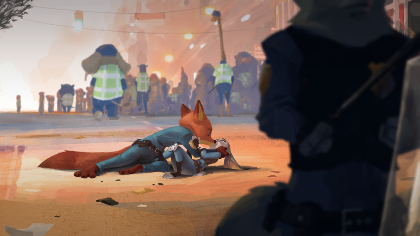 2016 absurd_res anthro barefoot canine clothed clothing crowd digital_media_(artwork) disney duo_focus ears_down eyes_closed female fox group hi_res judy_hopps kissing lagomorph larger_male lying male mammal nick_wilde on_back outside police police_uniform predator/prey rabbit ruffu size_difference smaller_female uniform zootopia
