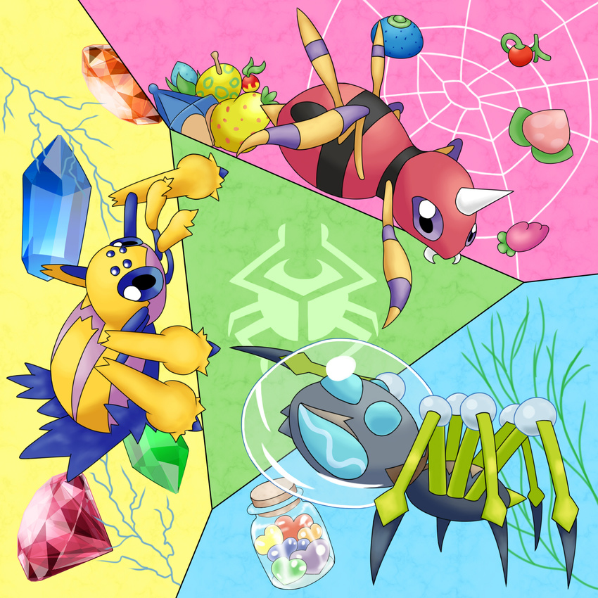 araquanid ariados bug crystal diamond food fruit galvantula highres poke_bean pokemon pokemon_(game) pokemon_sm spider