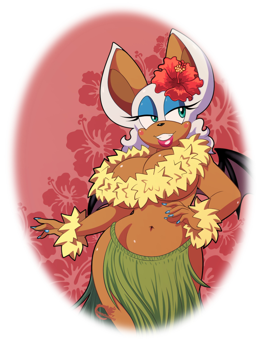2017 alpha_channel anthro bat big_breasts blush breasts cleavage clothed clothing colored_nails edit eyelashes eyeshadow female flower grass_skirt huge_breasts lipstick makeup mammal membranous_wings midriff navel omegasunburst plant rouge_the_bat skimpy smile solo sonic_(series) thick_bottom_lip topless wide_hips wings