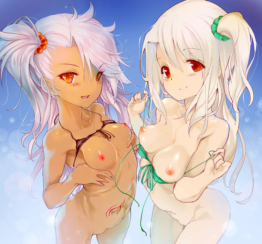 :d bare_shoulders bikini bikini_lift bikini_top black_bikini_top blush bottomless breast_hold breasts chloe_von_einzbern collarbone commentary_request cowboy_shot dark_skin eyebrows_visible_through_hair fate/kaleid_liner_prisma_illya fate_(series) front-tie_bikini front-tie_top green_bikini_top hair_between_eyes hair_ornament hair_scrunchie highres illyasviel_von_einzbern long_hair looking_at_viewer medium_breasts mokomoko_yanakku multiple_girls naughty_face navel nipples open_mouth orange_eyes pink_hair red_eyes scrunchie side_ponytail smile stomach_tattoo swimsuit tattoo untied untied_bikini v-shaped_eyebrows white_hair