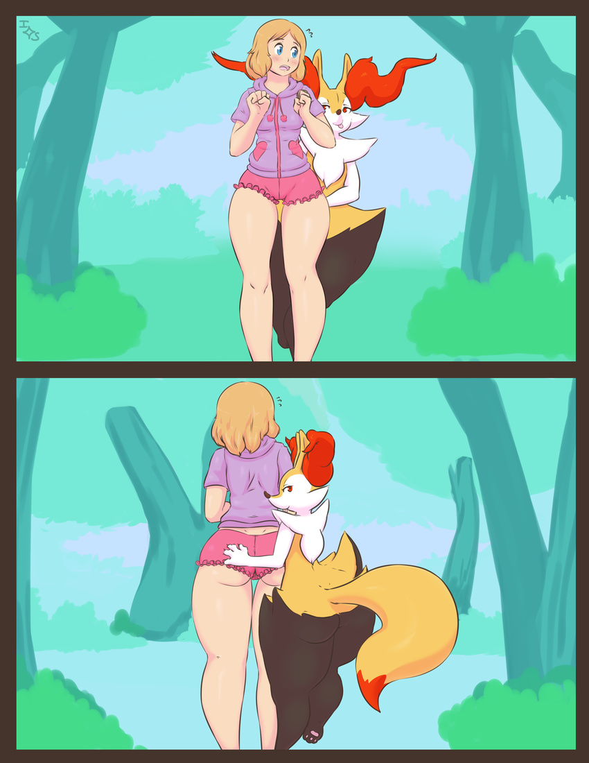 big_butt blonde_hair blue_eyes blush braixen breasts butt butt_grab duo eyelashes female female/female hair hand_on_butt human immortalstar inner_ear_fluff looking_back mammal multiple_images nintendo orange_eyes pawpads pok&eacute;mon serena_(pok&eacute;mon) smile thick_thighs tongue tongue_out video_games