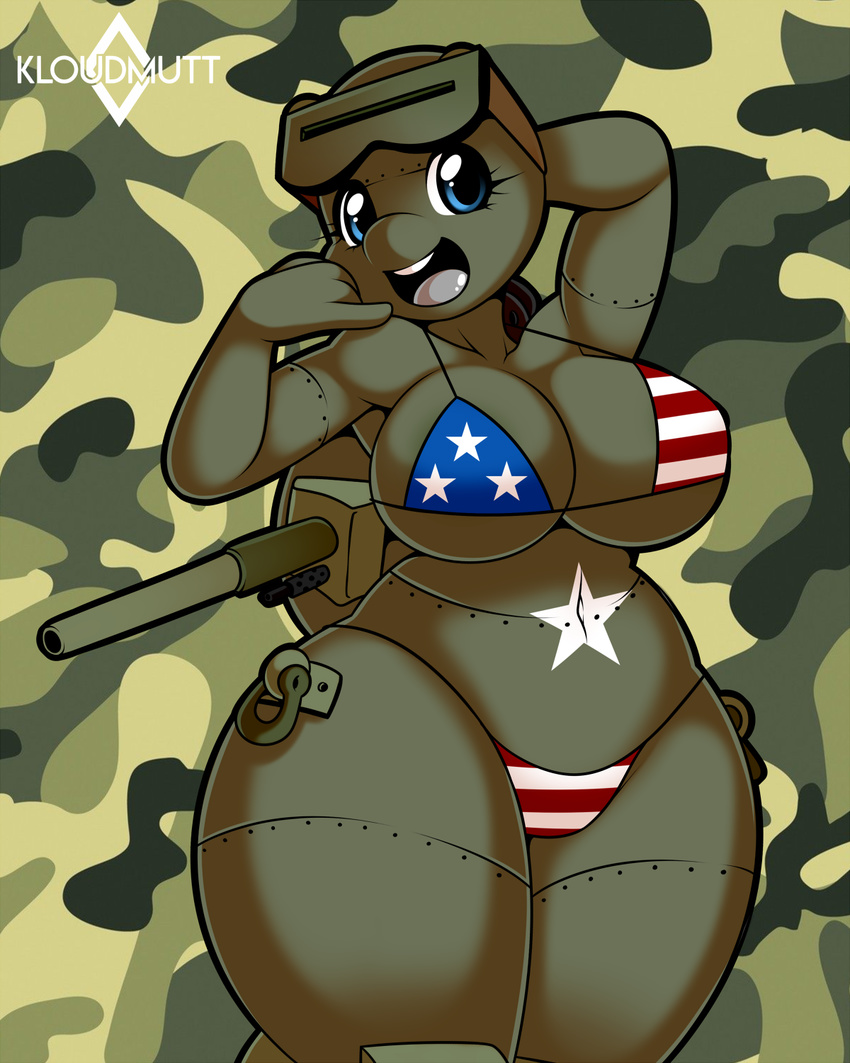 2017 4th_of_july anthro bikini blue_eyes breasts cleavage clothed clothing female gun kloudmutt living_machine lucy m22_locust machine machine_gun ranged_weapon solo star stars_and_stripes swimsuit tank united_states_of_america vehicle weapon