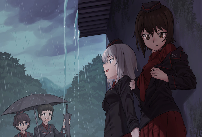 akaboshi_koume black_jacket blue_eyes brown_eyes brown_hair commentary garrison_cap girls_und_panzer hat holding holding_umbrella ichihyaku_nanajuu itsumi_erika jacket kuromorimine_military_uniform military military_uniform multiple_girls necktie nishizumi_maho off_shoulder rain red_neckwear red_shirt red_skirt ritaiko_(girls_und_panzer) shirt silver_hair skirt umbrella under_umbrella uniform