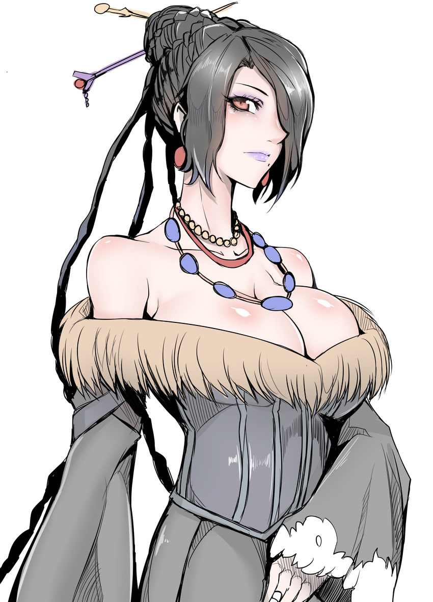 absurdres bare_shoulders bead_necklace beads black_dress black_hair breasts cleavage closed_mouth collarbone commentary_request dress eyeshadow final_fantasy final_fantasy_x gggg hair_ornament hair_over_one_eye hair_stick highres jewelry large_breasts lipstick long_hair long_sleeves looking_at_viewer lulu_(ff10) makeup mole mole_under_mouth necklace purple_lipstick red_eyes smile solo upper_body wide_sleeves