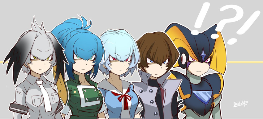 2boys 3girls ayanami_rei black_hair blonde_hair blue_eyes blue_hair commentary_request eyebrows_visible_through_hair forte_(rockman) grey_hair kaiba_seto kemono_friends leona_heidern long_hair looking_at_viewer looking_away multicolored_hair multiple_boys multiple_girls necktie neon_genesis_evangelion pink_eyes ponytail red_eyes rockman sakuhiko shoebill_(kemono_friends) short_hair short_ponytail the_king_of_fighters the_king_of_fighters_'96 trait_connection tsurime twitter_username yellow_eyes yuu-gi-ou