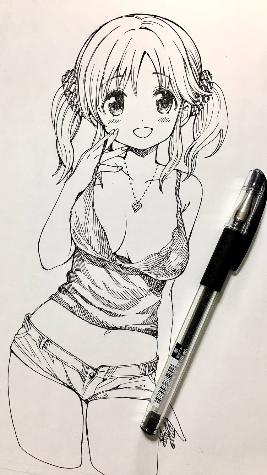 :d amezawa_koma arm_at_side breasts camisole contrapposto cowboy_shot cropped_legs greyscale hair_ornament hair_scrunchie hand_to_own_mouth heart heart_necklace highres idolmaster idolmaster_cinderella_girls ink_(medium) large_breasts looking_at_viewer midriff monochrome navel open_fly open_mouth photo scrunchie short_shorts shorts smile solo standing totoki_airi traditional_media twintails