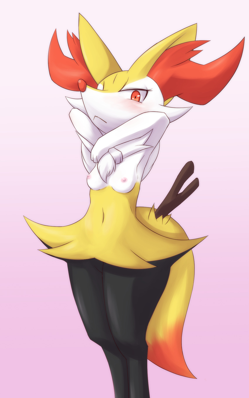 anthro aoinu areola big_ears blush braixen breasts canine ear_fur female fennec fox fur hind_legs looking_at_viewer mammal navel nintendo nipples nude pointy_ears pok&eacute;mon red_eyes small_breasts solo standing stick thick_thighs video_games wood
