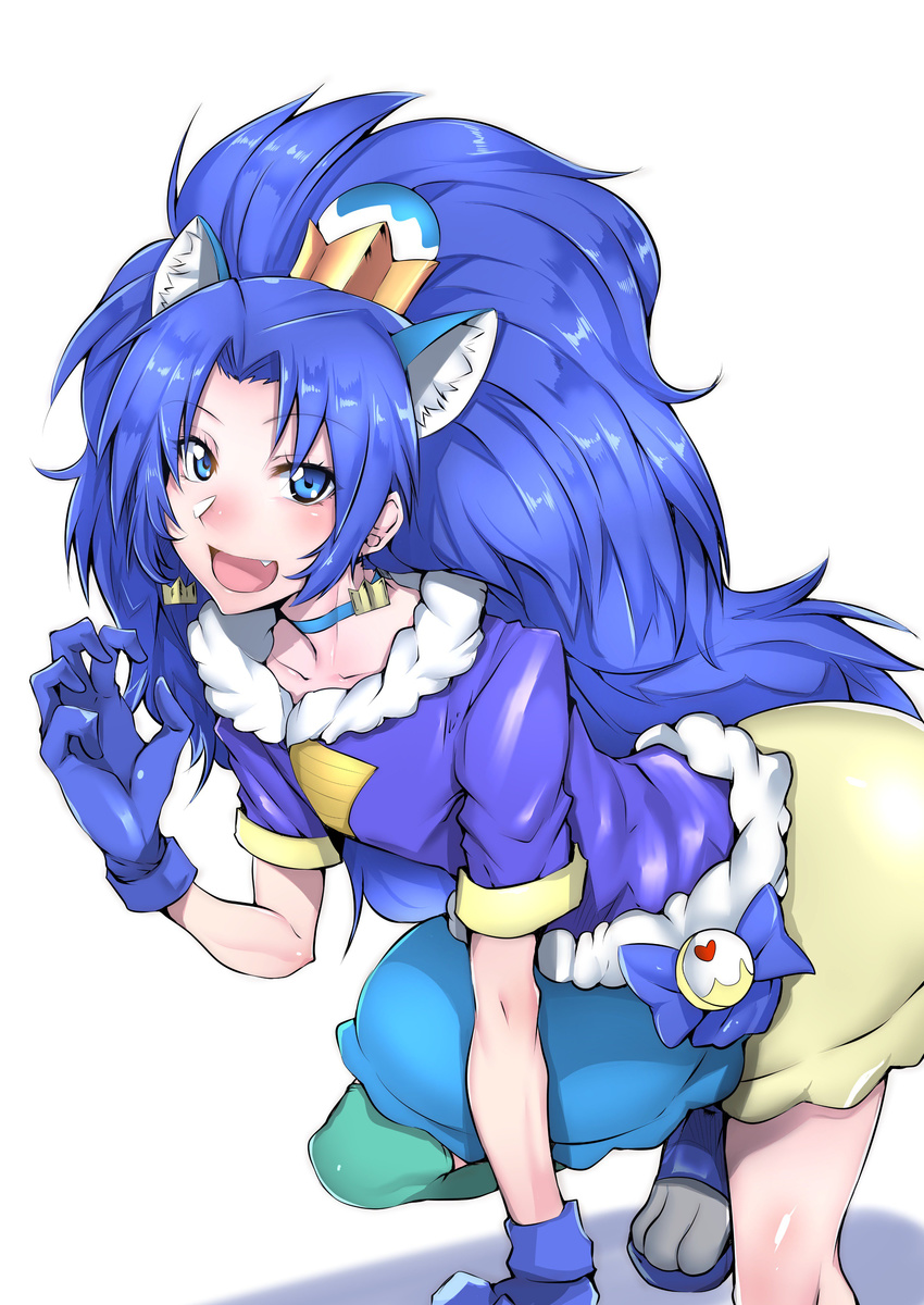 :d absurdres animal_ears big_hair blue_choker blue_eyes blue_gloves blue_hair blue_shirt blush choker commentary_request crown cure_gelato earrings extra_ears fang gggg gloves green_legwear highres jewelry kirakira_precure_a_la_mode kneehighs kneeling lion_ears lion_tail looking_at_viewer magical_girl multicolored multicolored_clothes multicolored_skirt open_mouth precure shirt single_kneehigh skirt smile solo tail tategami_aoi
