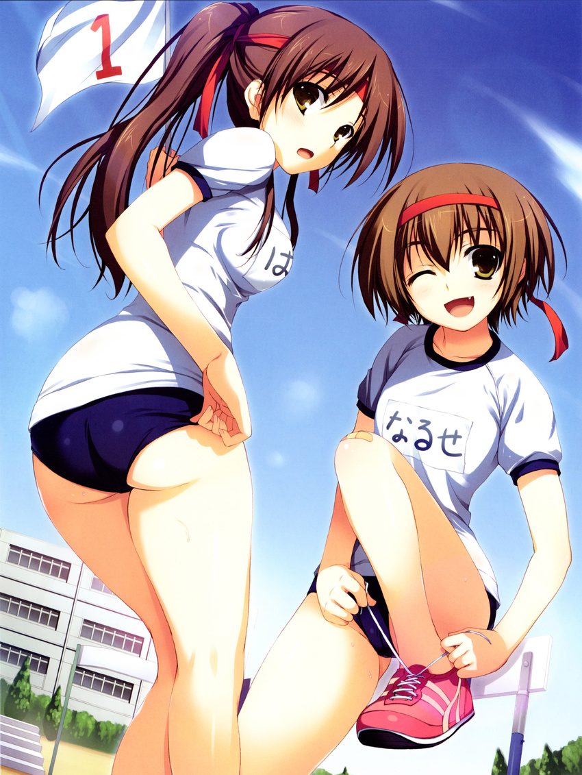 absurdres adjusting_buruma adjusting_clothes ass blue_buruma breasts buruma collarbone day fang flag gym_uniform headband highres holding huge_filesize leg_up long_hair looking_at_viewer looking_back multiple_girls one_eye_closed open_mouth outdoors ponytail scan shoes short_hair short_sleeves sky small_breasts smile sneakers tomose_shunsaku