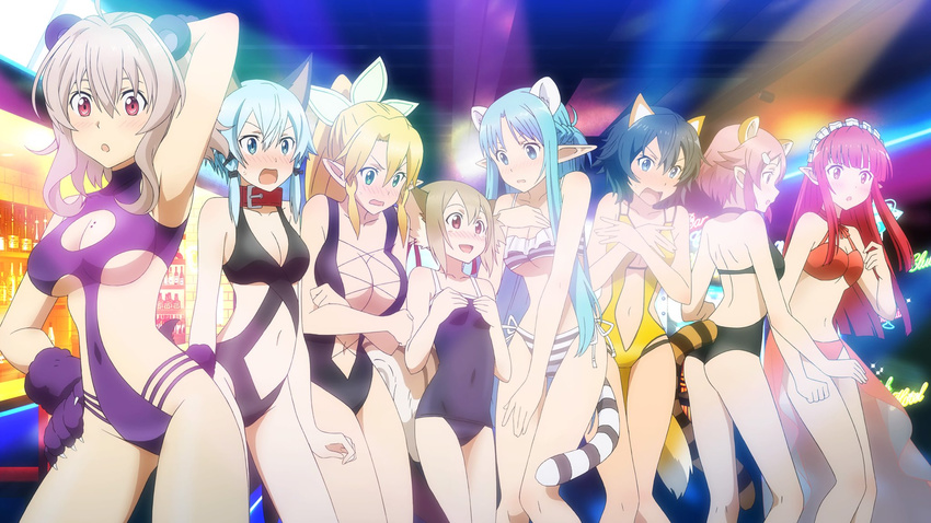 :_code_register :d animal_ears arm_up armpits asuna_(sao) asuna_(sao-alo) bear_ears bear_tail bikini black_hair black_ribbon black_swimsuit blonde_hair blue_eyes blue_hair blush braid breasts brown_hair casual_one-piece_swimsuit cat_ears cleavage cleavage_cutout collar collarbone contrapposto covered_navel covering covering_breasts cowboy_shot crossed_arms embarrassed fake_animal_ears fake_tail fox_ears fox_tail gloves groin hair_between_eyes hair_ornament hair_ribbon high_ponytail highres indoors large_breasts leafa lisbeth lisbeth_(sao-alo) long_hair looking_at_viewer maid_headdress medium_breasts midriff mole mole_on_breast multiple_girls navel official_art one-piece_swimsuit open_mouth paw_gloves paws philia_(sao) philia_(sao-alo) pink_hair pointy_ears purple_gloves purple_swimsuit raccoon_ears raccoon_tail rain_(sao) red_bikini red_eyes red_hair ribbon school_swimsuit short_hair short_hair_with_long_locks side-tie_bikini sidelocks silica silica_(sao-alo) silver_hair sinon sinon_(sao-alo) small_breasts smile standing strea striped striped_bikini striped_tail swimsuit sword_art_online tail twin_braids underboob very_long_hair yellow_swimsuit