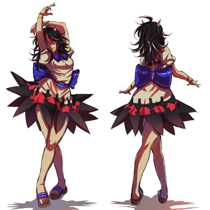 1girl ahoge arms_up bare_legs black_hair blue_bow blue_neckwear blue_sash bow bowtie bracelet breasts brown_footwear dress flip-flops from_behind full_body highres horns jewelry kijin_seija legs_crossed looking_at_viewer medium_breasts multicolored_hair multiple_views nga_(artist) one_eye_closed parted_lips pointy_ears puffy_short_sleeves puffy_sleeves red_hair red_sailor_collar sailor_collar sandals sash shadow short_sleeves simple_background smile standing streaked_hair thighs touhou v-shaped_eyebrows white_background white_dress white_hair