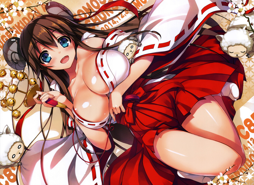 absurdres bangs bell blue_eyes blush breasts brown_hair cleavage collarbone eyebrows_visible_through_hair flower hakama highres holding horns huge_filesize japanese_clothes jingle_bell kagura_suzu large_breasts long_hair looking_at_viewer lying miko on_back open_mouth red_hakama ribbon-trimmed_sleeves ribbon_trim scan sheep sheep_horns smile solo tomose_shunsaku wide_sleeves