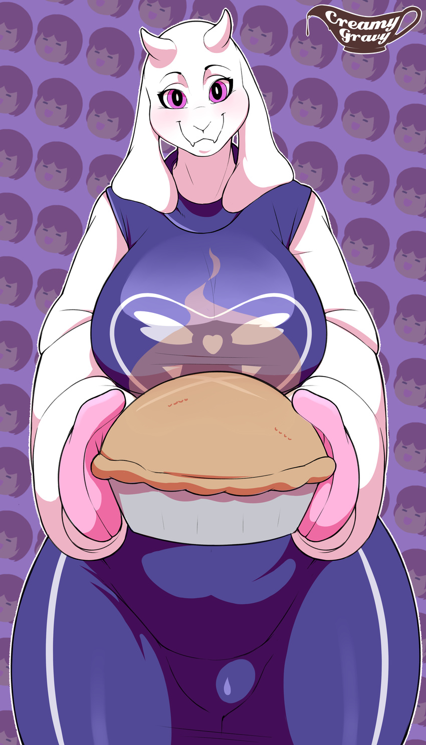 2015 absurd_res anthro big_breasts boss_monster breasts caprine clothed clothing creamygravy digital_media_(artwork) female food front_view fur goat hi_res holding_food holding_object horn long_ears looking_at_viewer mammal pattern_background pie simple_background solo toriel undertale video_games white_fur