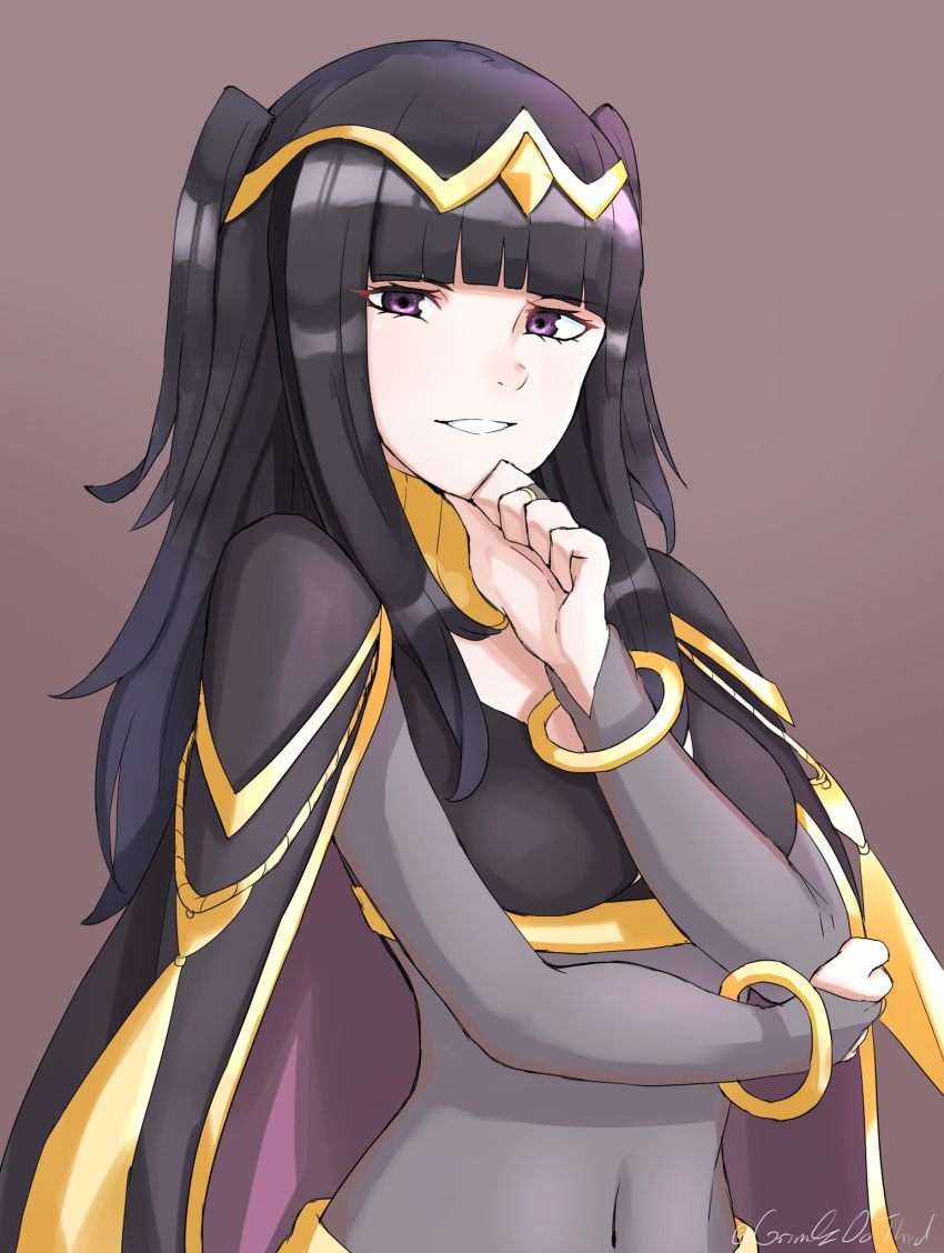 1girl black_hair bracelet bridal_gauntlets cape fire_emblem fire_emblem:_kakusei grimmelsdathird highres jewelry long_hair nintendo purple_eyes simple_background solo tharja tiara twintails twitter_username upper_body