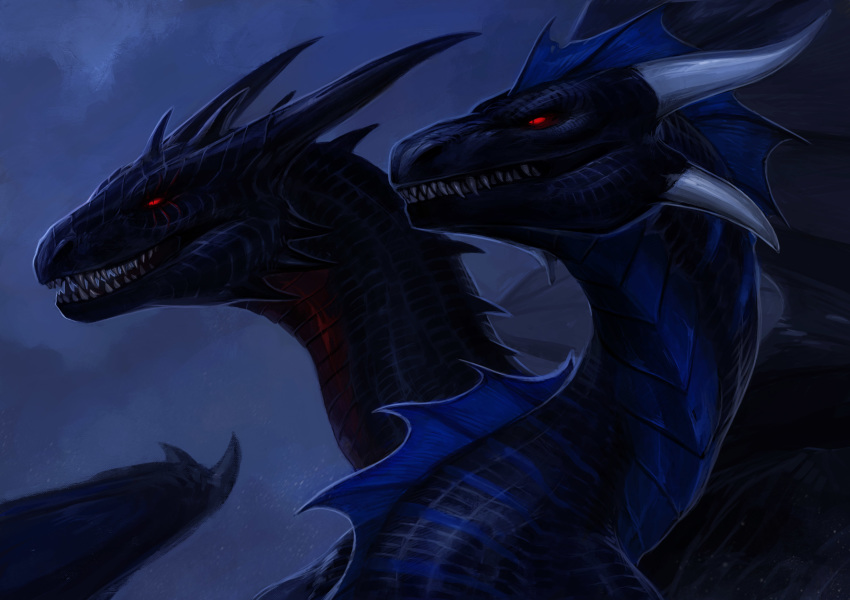 2019 absurd_res allagar digital_media_(artwork) dragon duo feral hi_res horn open_mouth red_eyes scalie smile spines teeth western_dragon wings
