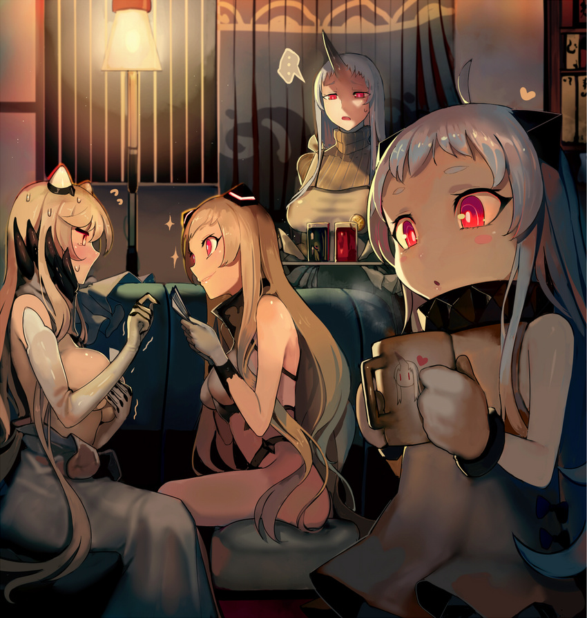 4girls :o airfield_hime bare_shoulders blush_stickers breasts commentary cup dress drink drinking_glass elbow_gloves flying_sweatdrops gloves heart highres holding holding_cup horn horns indoors kantai_collection lamp large_breasts long_hair looking_at_another midway_hime mittens mug multiple_girls night northern_ocean_hime open_mouth parted_lips red_eyes seaport_hime shinkaisei-kan sitting sleeveless sleeveless_dress smile sparkle spoken_ellipsis steam strip_game strip_poker sweatdrop tray walzrj white_dress white_gloves white_hair window