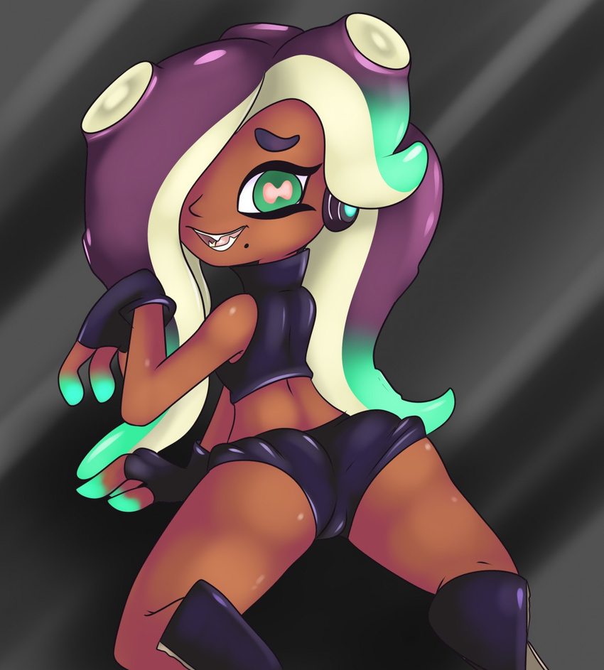 2017 cephalopod clothed clothing dark_skin fingerless_gloves gloves happy headphones looking_at_viewer looking_back mammal marina marina_(splatoon) marine mole neronova nintendo octoling octopus open_mouth pose shiny_skin shorts skimpy splatoon splatoon_2 teeth video_games