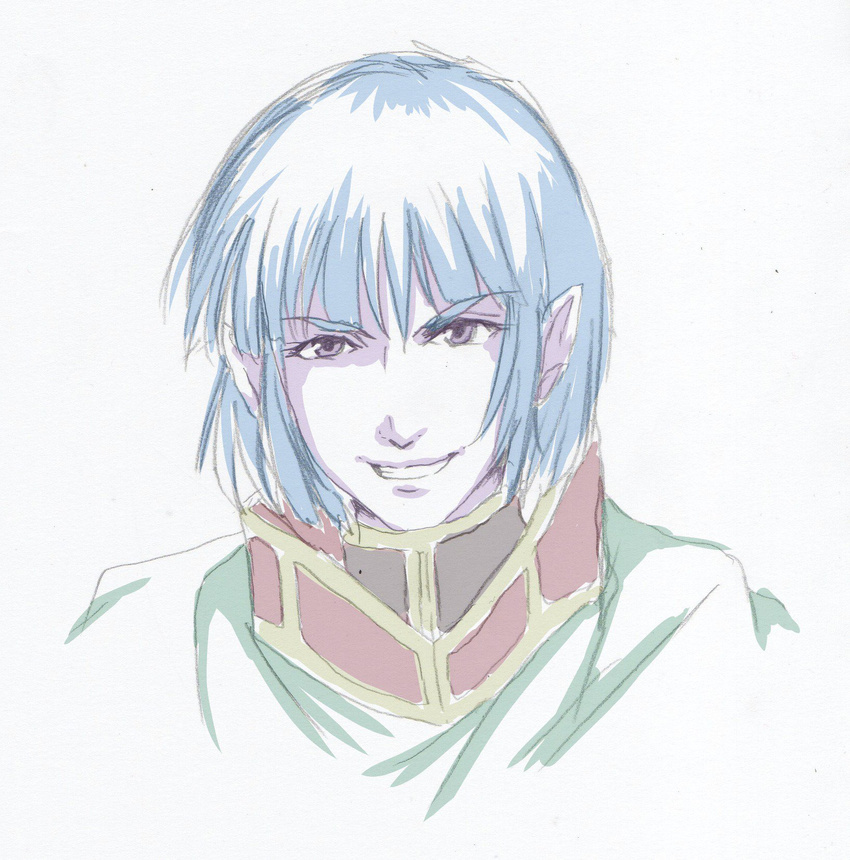 alien blue_hair cape choujikuu_yousai_macross grin highres koolannad maclone macross military military_uniform pointy_ears portrait purple_eyes purple_skin quamzin_kravshera science_fiction smile uniform upper_body zentradi