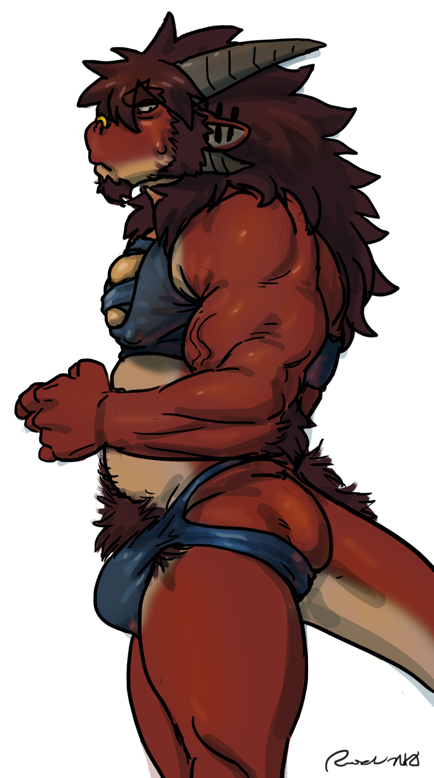 2015 absurd_res annoyed anthro beard biceps brown_hair bulge clothed clothing digital_media_(artwork) dragon facial_hair facial_piercing fileossur frown hair hairy hi_res horn jockstrap looking_down male muscular muscular_male nose_piercing pecs piercing pubes red_scales rossciaco scales scalie side_view signature simple_background skimpy solo standing underwear vein white_background