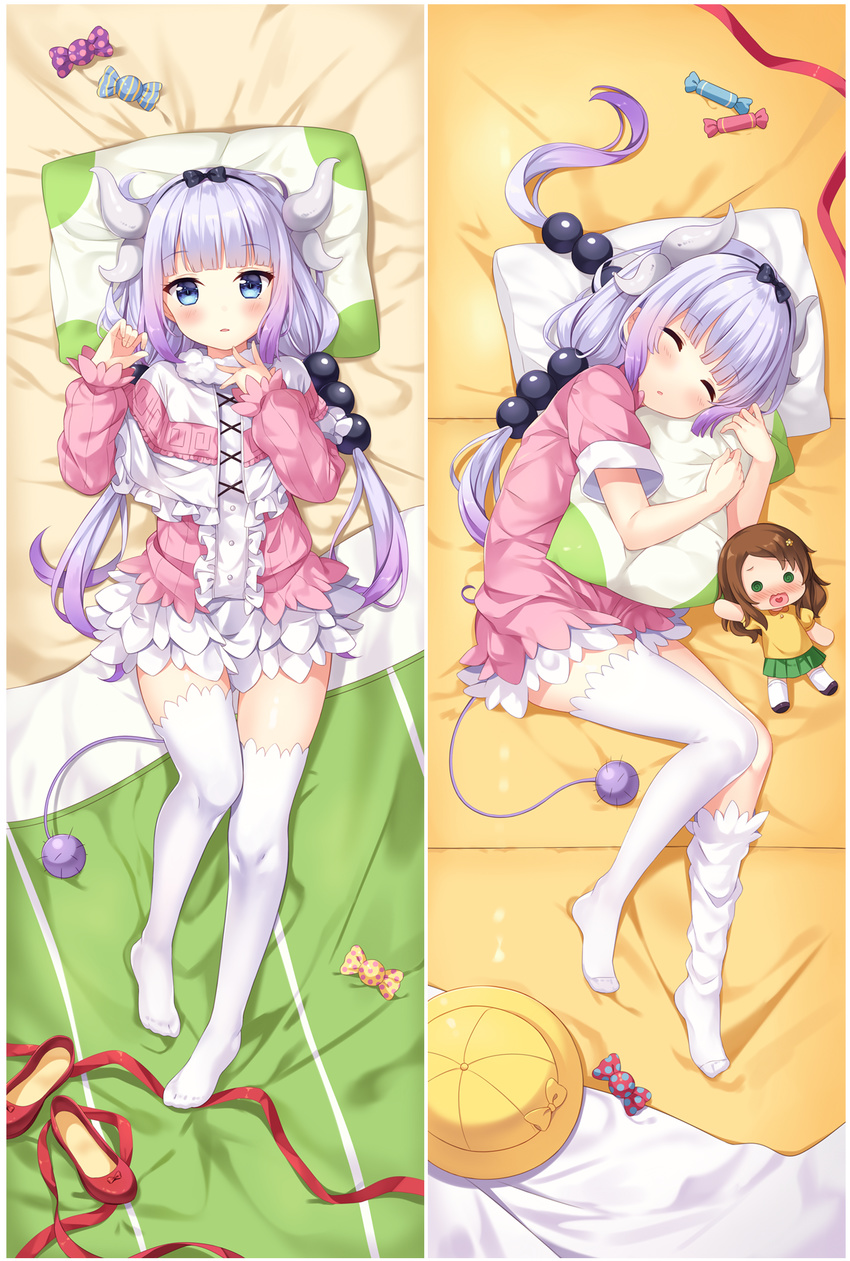 bangs beads bed_sheet black_bow blue_eyes blunt_bangs blush bow brown_hair candy character_doll closed_eyes dakimakura dragon_girl dragon_horns dragon_tail dress eyebrows_visible_through_hair food from_above full_body hair_beads hair_bow hair_ornament hairband hands_up hat hat_bow hat_removed head_on_pillow head_rest headwear_removed heart heart_in_mouth highres hitsukuya horns kanna_kamui kobayashi-san_chi_no_maidragon lavender_hair loafers long_hair long_sleeves looking_at_viewer loose_thighhigh low_twintails lying multiple_views no_shoes on_back parted_lips pillow pillow_hug pink_dress red_bow red_footwear red_ribbon ribbon saikawa_riko school_hat shirt shoe_bow shoes shoes_removed short_sleeves skirt sleeping spread_fingers stuffed_toy tail thighhighs twintails wavy_mouth white_legwear yellow_bow yellow_hat zettai_ryouiki