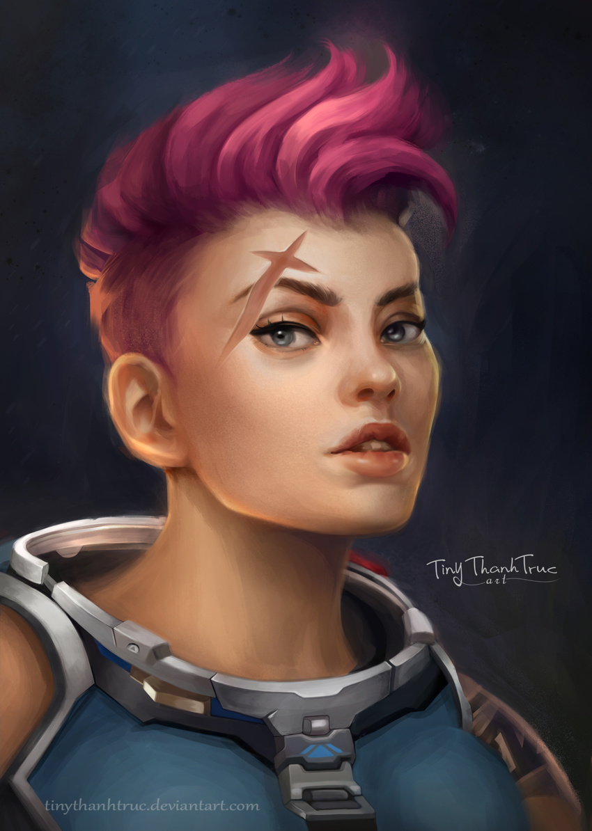 absurdres artist_name blue_background dark_background ears green_eyes grey_background highres lips looking_at_viewer md5_mismatch nose overwatch parted_lips pink_hair portrait resized scar scar_across_eye short_hair signature solo tiny_thanh_truc upscaled watermark web_address zarya_(overwatch)