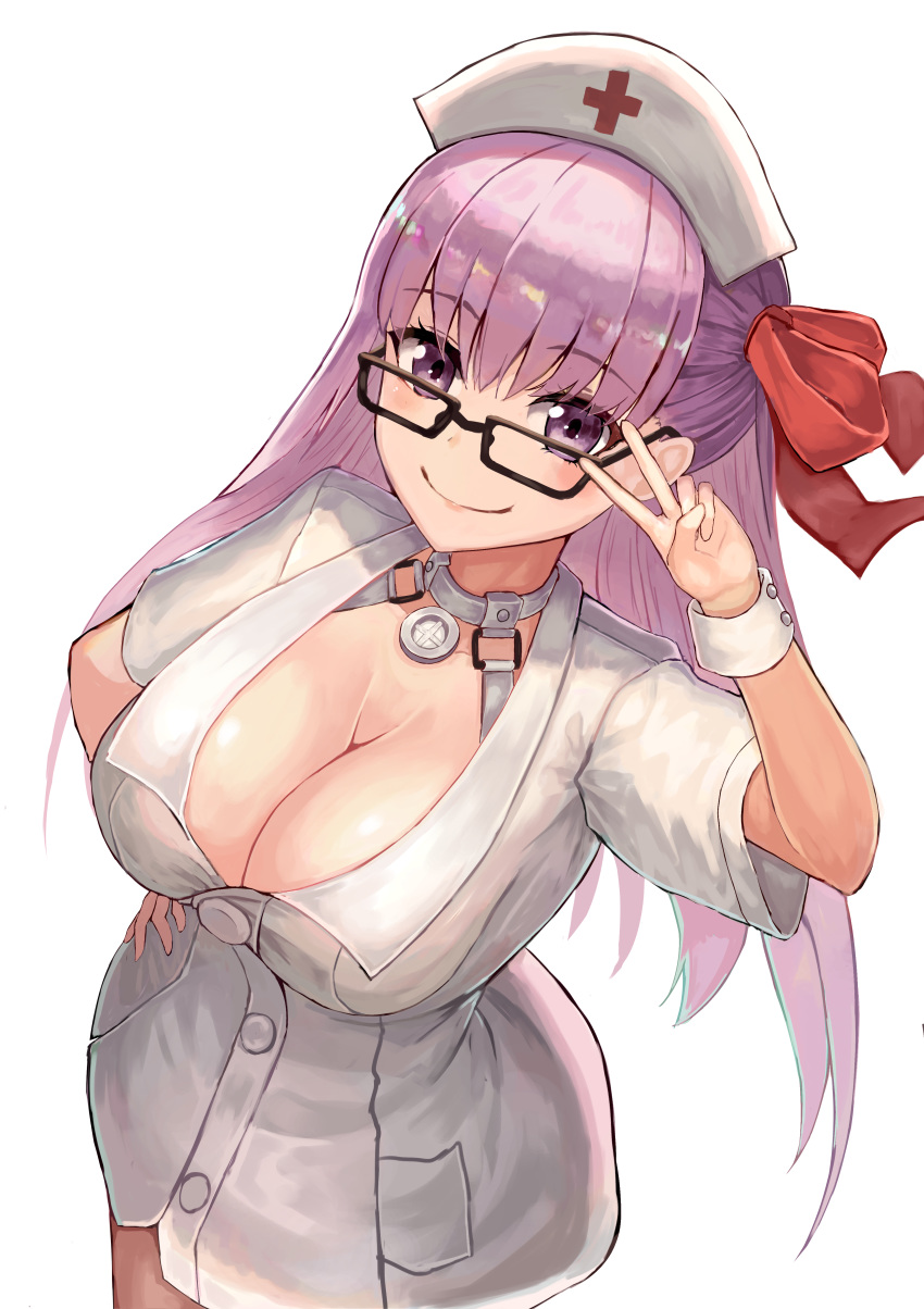 1girl absurdres bangs bb_(fate)_(all) bb_(fate/extra_ccc) blush breasts buttons cleavage closed_mouth collar collarbone dress fate/extra fate/extra_ccc fate_(series) glasses hair_between_eyes hair_ribbon hand_gesture hand_on_hip hat highres hoshibudou large_breasts long_hair looking_at_viewer nurse nurse_cap purple_eyes purple_hair red_ribbon ribbon short_dress short_sleeves simple_background smile solo v white_background white_dress wrist_cuffs