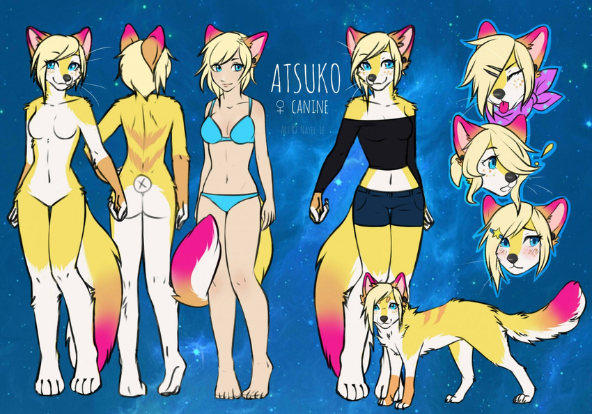 ! 2016 animal_humanoid anthro bandanna blonde_hair blue_eyes blush bra breasts butt canine canine_humanoid clothed clothing ear_piercing eyes_closed featureless_breasts featureless_crotch female feral fox freckles fur hair humanoid hybrid looking_at_viewer mammal model_sheet nayel-ie nude off/on panties piercing pink_fur short_hair smile solo space standing tongue tongue_out underwear white_fur wolf yellow_fur