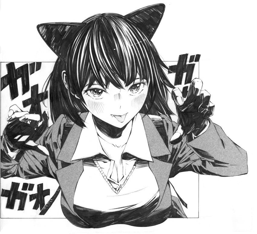 1girl absurdres animal_ears arms_up bangs blazer blush breasts cat_ears claw_pose cleavage collared_shirt commentary_request fang fangs gagaimo greyscale highres jacket large_breasts long_sleeves monochrome nose_blush original school_uniform shirt solo tongue tongue_out uniform wing_collar