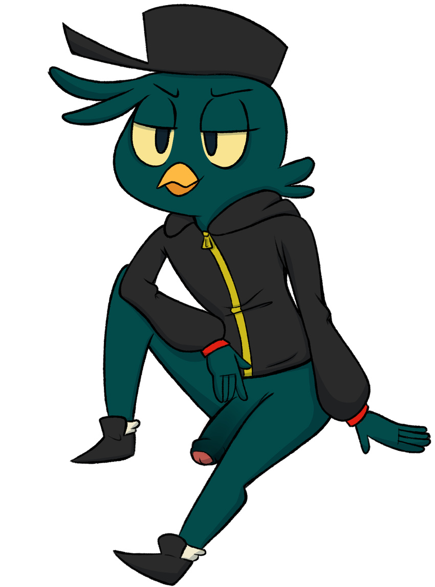 avian beak bird clothed clothing digital_media_(artwork) erection feathers footwear germ_(nitw) germ_warfare hat hoodie humanoid_penis legwear male night_in_the_woods nude penis shoes simple_background smile socks solo spookylinguini video_games