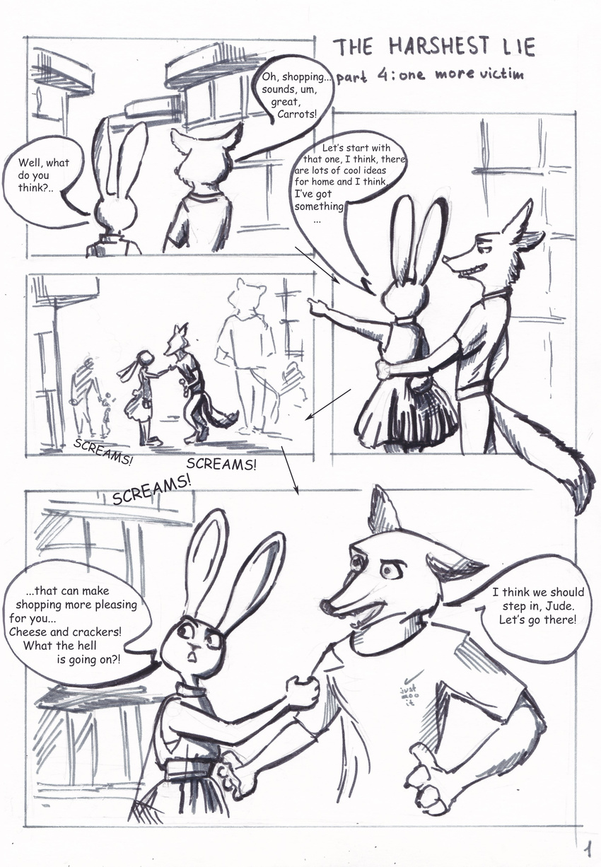 2017 4_fingers absurd_res anthro canine clothed clothing comic dialogue dipstick_ears dipstick_tail disney duo english_text female fox greyscale hi_res judy_hopps lagomorph male mammal monochrome multicolored_tail nick_wilde purse rabbit screaming simple_background speech_bubble suslikd text zootopia