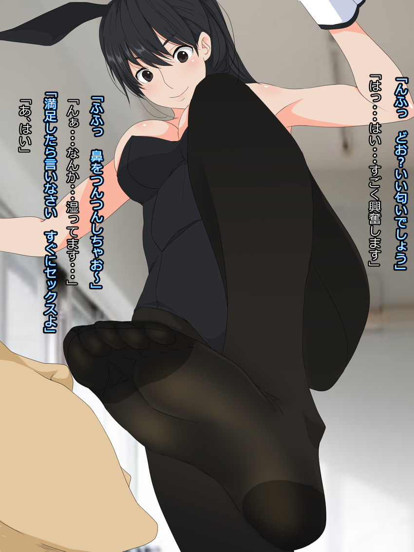 1boy 1girl black_eyes black_hair bunnysuit cleavage feet long_hair love_plus no_shoes one_leg_raised pantyhose ponytail pov pov_feet smell smile soles standing takane_manaka toes translated