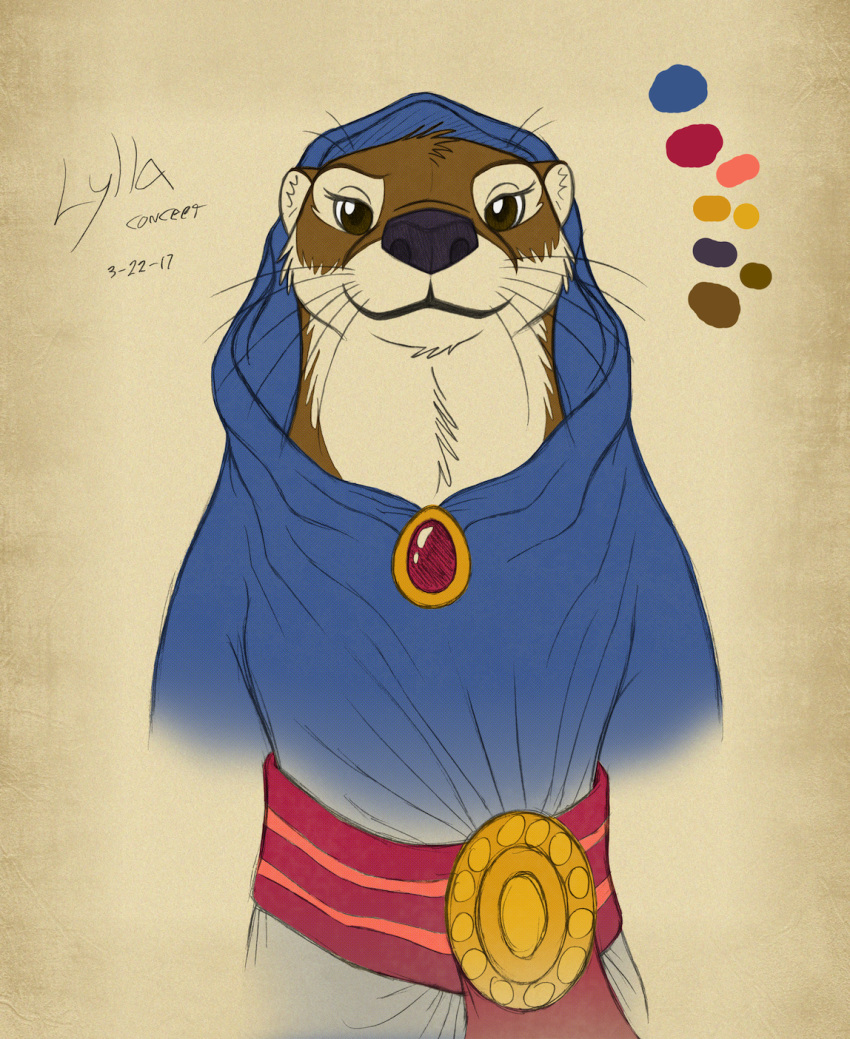 clothing female jewelry looking_at_viewer lylla mammal marvel mustelid otter robe simple_background solo tymime whiskers