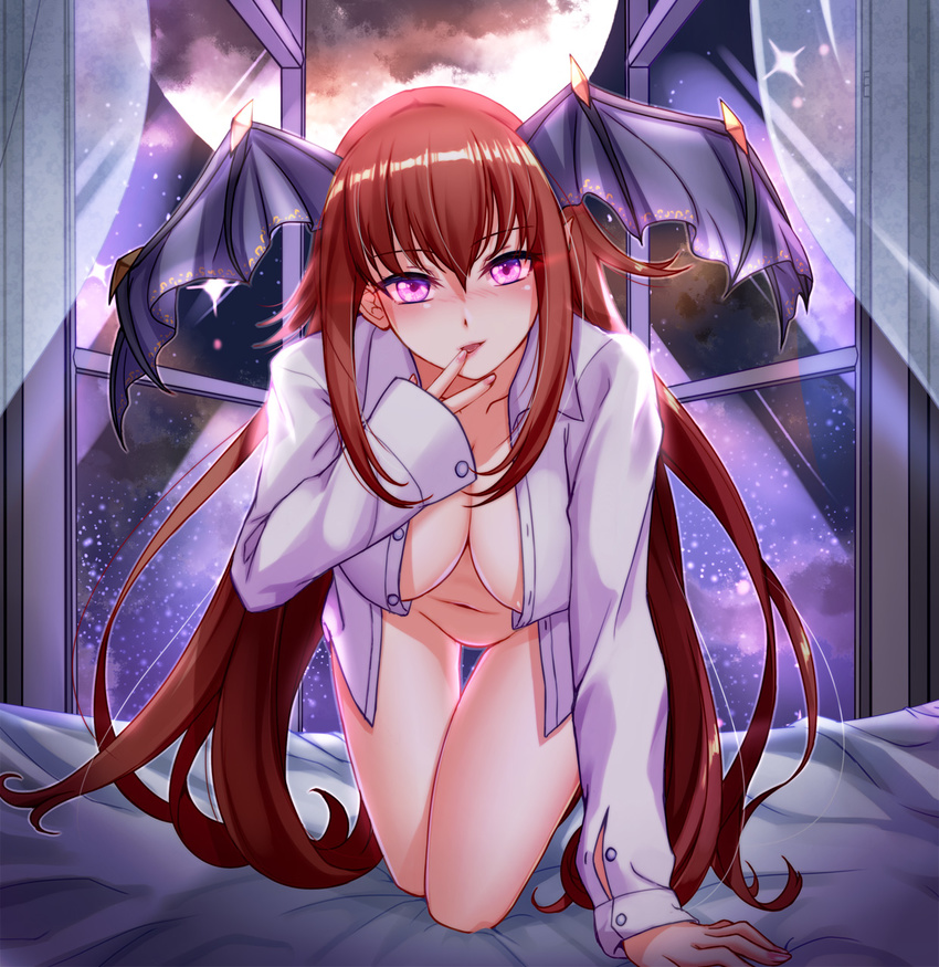 all_fours bed black_saint blush breasts demon_girl demon_wings dress_shirt finger_to_mouth glowing glowing_eyes highres large_breasts long_hair long_sleeves looking_at_viewer nail_polish naked_shirt navel night nose_blush on_bed open_clothes open_shirt parted_lips pink_nails purple_eyes red_hair ryuuzouji_usagi shirt sidelocks sleeves_past_wrists solo star_(sky) succubus very_long_hair white_shirt window wings