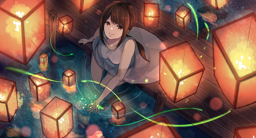 afloat_lantern akira_(mr_akira) bangs brown_eyes brown_hair copyright_request dress fireflies from_above highres lantern light_trail looking_at_viewer looking_up outdoors outstretched_hand paper_lantern pier ripples sidelocks sitting sky_lantern sleeveless sleeveless_dress smile solo water white_dress